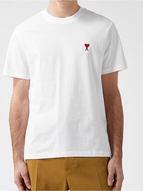 Ami White Crewneck Tee with Small Red Heart Motif